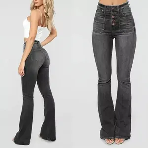 Women high waist dark grey flare jeans with button fly and front pockets, stylish denim pants.