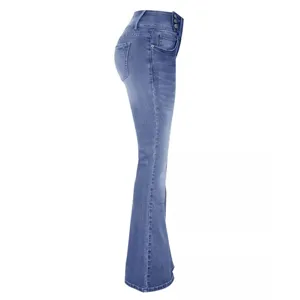 Classic blue high waist flare jeans with chic side button detail close up display