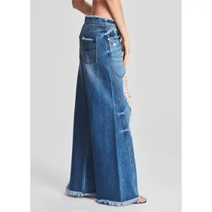 Damen Jeans weites Bein destroyed ausgefranste Kanten lässige Hosen Denim Streetwear