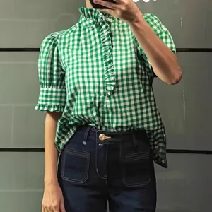 Camicetta Casual a Quadri con Volant e Manica Corta e Scollo a V da Donna Estate Aderente Stile Dolce Top in Poliestere