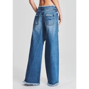 Damen Weites Bein Jeans Hose Zerrissen Fransen Blau Denim Hosen Freizeithose Stilvoll