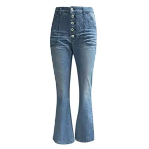 Women's high waist button front flare denim jeans, classic vintage wash casual trousers.