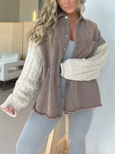 Women contrast knit sleeve denim jacket detail, casual button-down frayed hem shacket outerwear.