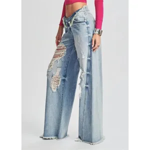 Damen Destroyed Weites Bein Jeans Lässige Low Waist Umschlagbund Hellblaue Denim Hose.