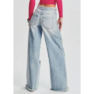 Damen hellblaue Destroyed Wide Leg Jeans mit umgeschlagener offener Kante lange Hose.