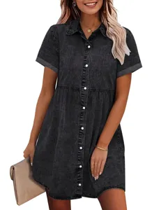 Washed denim short sleeve lapel dress with cute ruffled hem and single-breasted design.