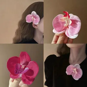 Handmade Fabric Orchid Flower Hair Clip Elegant Phalaenopsis Duckbill Clip With Artificial Pearl Floral Hair Accessories For Women Wedding Party