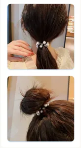 Elegant pearl scrunchie hair tie shown styling a low ponytail and a messy bun.