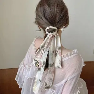 Elegant floral ribbon hair tie with pearl hair stick for ancient style hair bun