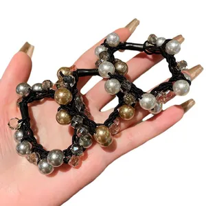 Elegant pearl bracelet and hair tie dual-use elastic bands with crystal beads for women
