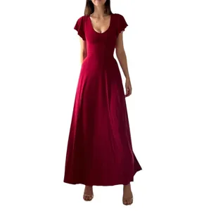 Robe longue élégante rouge style français unie à manches courtes volantées pour femme.