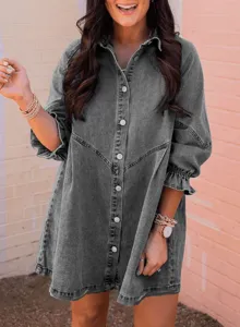 Detailed close-up view of women's dark grey washed denim shirt dress with lantern sleeves.