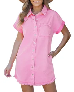 Pink denim shirt dress detail, short sleeves, metal buttons, raw hem, casual fashion apparel.