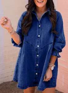 Casual blue denim shirt dress for women featuring chic lantern sleeves and comfortable loose fit style.