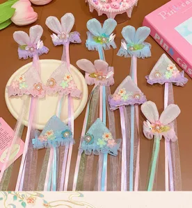 Dreamy fairy-style rabbit ear hair clips with long mesh ribbons and floral pearls