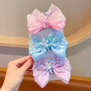 Exquisite set of three girls mermaid tail and starfish bow hair clips with sparkly sequins