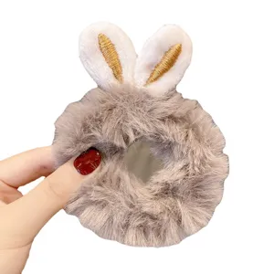 Cute gray plush bunny ear scrunchie for girls, fluffy hair tie on white background
