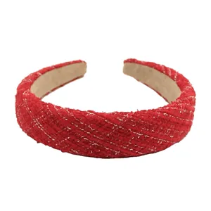 Elegant red tweed padded headband accessory for festive holidays and vintage hair styling.