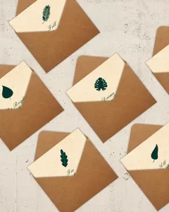Vista superior de tarjetas de felicitación botánicas en sobres kraft en una superficie rugosa.