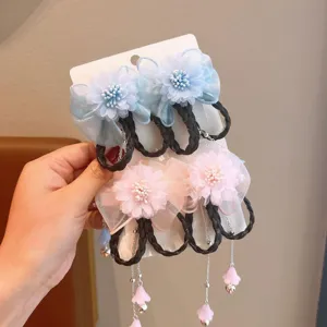 Hanfu floral hair accessories with faux hair braids and bell orchid tassels for girls