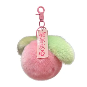 Creative cute Rex rabbit fur plush peach keychain with pink tag and heart motif
