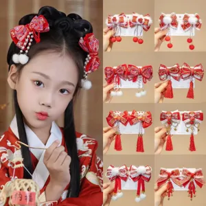 Chinese Style New Year Red Bow Tassel Hair Clips For Girls Ancient Style Hairpins With Pom Poms Artificial Pearl Retro Hair Accessories