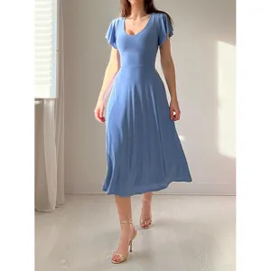 Robe midi bleue col V avec manches volantées, style français élégant et chic pour femme