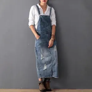 Gonna Salopette in Denim Casual da Donna Stile Vintage Washed Gonna Midi Strappata Plus Size Streetwear Gonna con Tasche