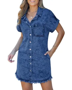 Women short sleeve denim shirt dress casual button down vintage blue jean dress detail