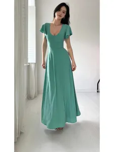 Robe longue française unie pour femme à manches volantées, élégante robe de soirée col en V.
