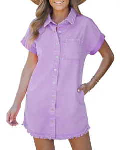 Women's short sleeve purple denim shirt dress casual button down summer dress with pockets.