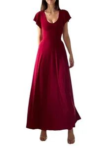 Robe longue femme couleur unie manches volants, elegante robe longue style francais pour dames.