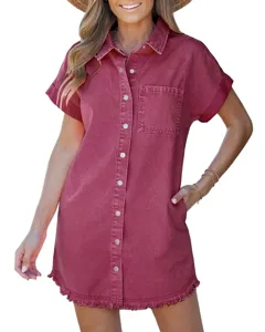 Women short sleeve denim shirt dress casual button down denim dress casual wear summer apparel
