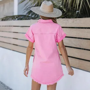 Women short sleeve pink denim shirt dress casual button down raw hem mini dress stylish