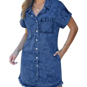 Womens short sleeve denim shirt dress casual button down frayed hem mini dress main view