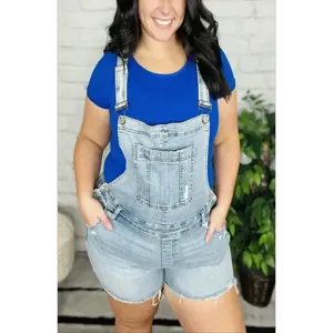 Short salopette en denim clair pour femme, short de babette taille haute décontracté et élégant.