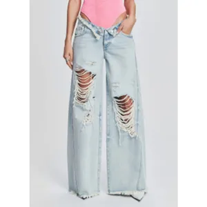 Damen hellblaue Destroyed Wide Leg Jeans mit unregelmäßigem gefaltetem Bund Denim Hosen.