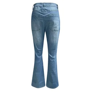 Women's high-waist washed blue flare denim trousers back view showing detailed patch pockets.