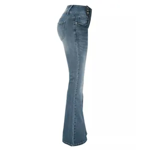 Women high waisted flare jeans vintage blue multi button side bootcut denim pants side view