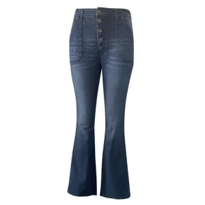 Women's high waist dark wash flare jeans with front buttons and patch pockets for daily wear.