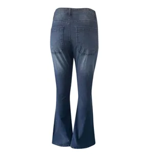 Women high waist flared denim jeans back view dark blue casual long trousers clothing
