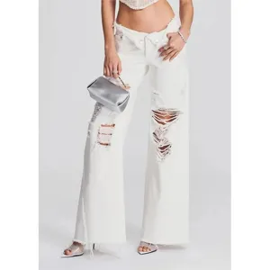 Damen weiße Destroyed Weites Bein Jeans lässige hohe Taille unregelmäßige Denim Hose