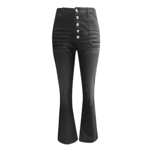 Details of women's high-waisted black washed flare denim pants with button fly and front pockets.