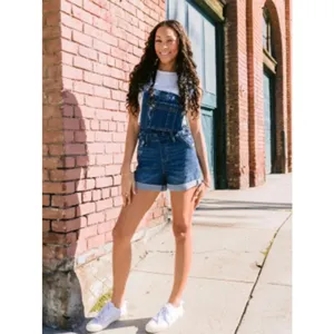 Femme salopette jean short taille haute decontracté mode ete short en denim bleu avec poches stylé