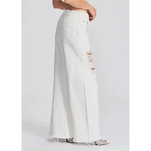 Damen weiße Destroyed Weites Bein Jeans lässige High Waist Denim Hose modisch