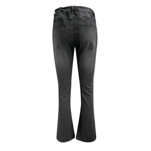 Back detail view of women's high waisted washed black flare denim jeans with dual back pockets.