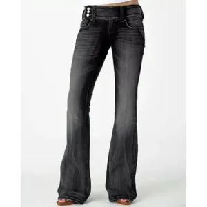 Vintage mid-rise flare jeans for women with stylish button waist design and dark wash.