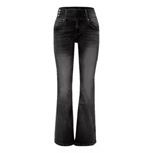 Women's vintage high waist flared denim jeans with side button detail, slim fit black trousers.