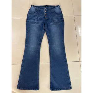 Women high waist flare denim jeans dark wash button front patch pocket trousers daily wear