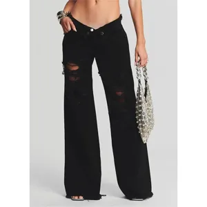 Schwarze Damen Baggy Jeans mit Rissen, weite Denim Hose mit unregelmäßigem Bund.